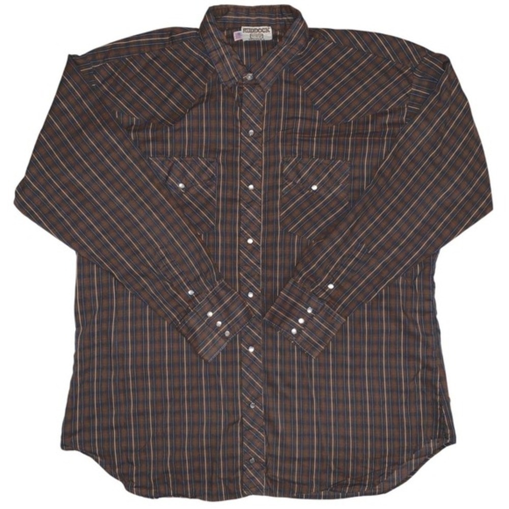 Ruddock Men's XL Brown Blue Plaid Western Pearl Snap Shirt Long Sleeve USA Made